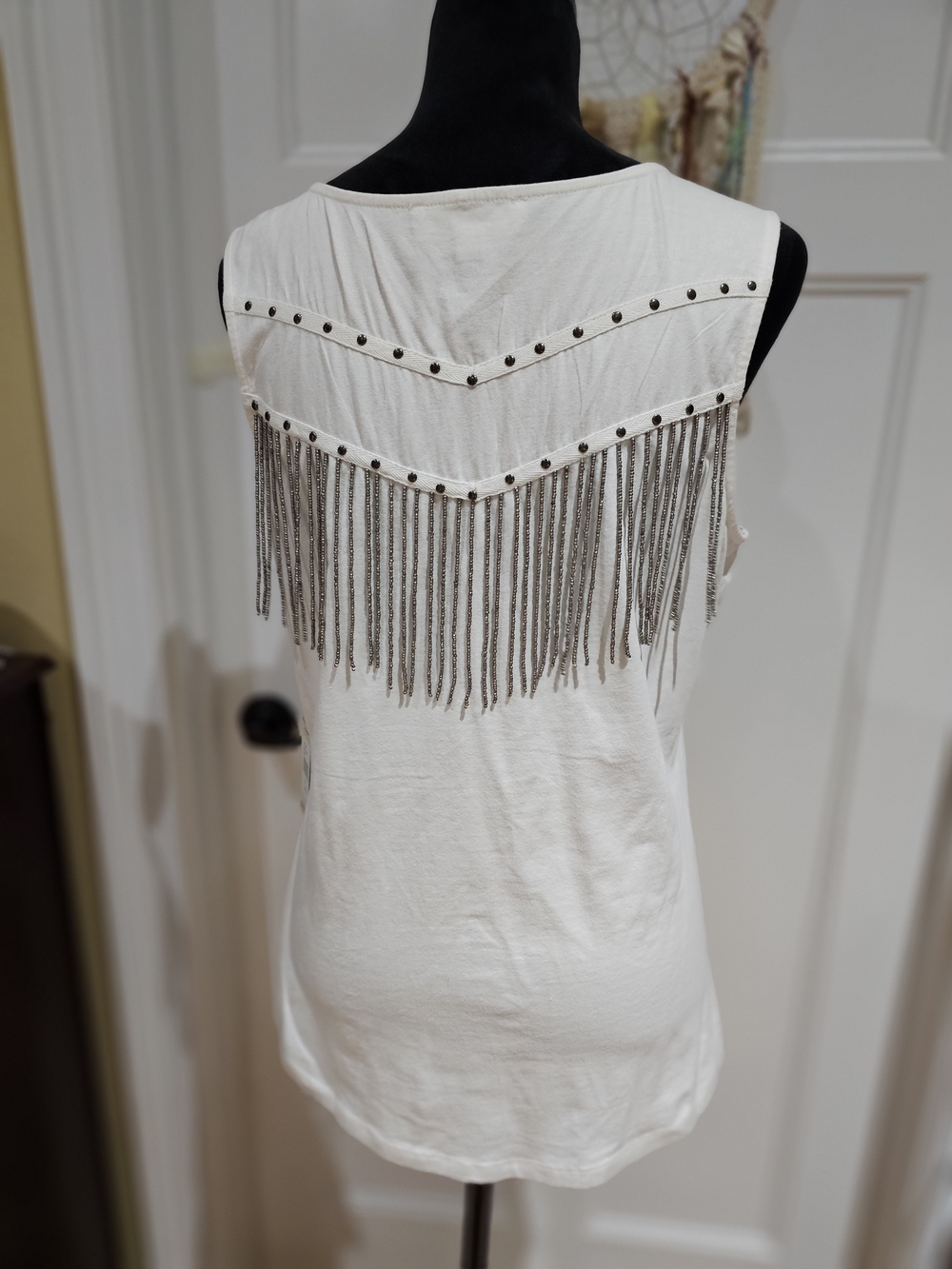 Idyllwind White V-Neck Bead Fringe Tank Top with Silver Studs - Picture 2 of 7